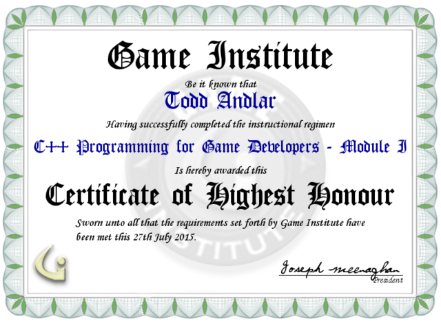 C++ Programming for Game Developers - Module I Certificate
