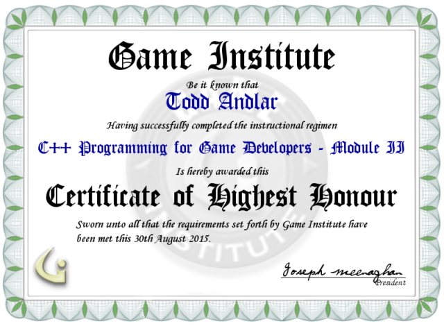 C++ Programming for Game Developers - Module II Certificate