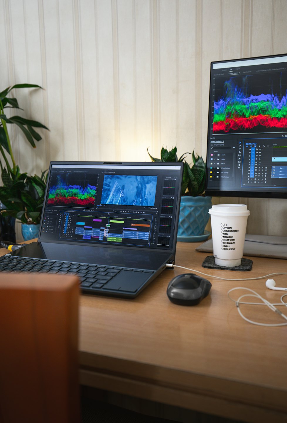 Laptop and monitor display video editing software on a wooden desk.