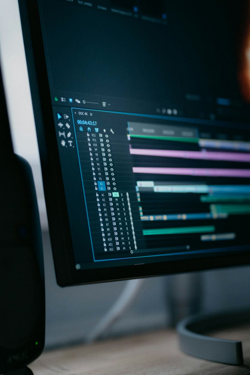 Video editing software displayed on a computer monitor on a desk.
